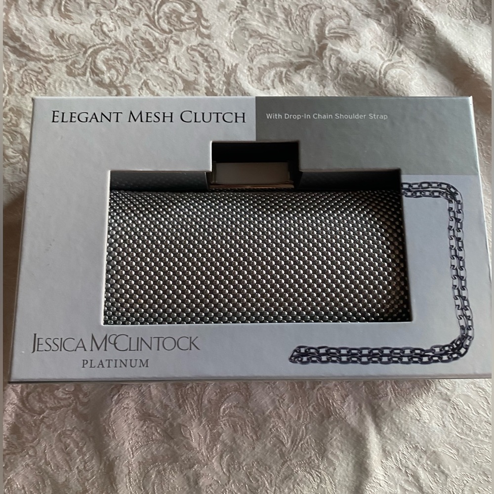 JESSICA MCCLINTOCK PLATINUM Elegant Mesh Clutch w/ Drop-In Chain Shoulder Strap